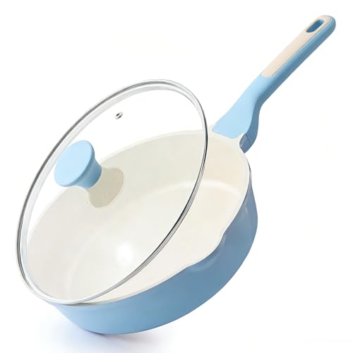 SENSARTE Nonstick Ceramic Saute Pan 10-inch 3.5QT Nonstick Skillet Non Toxic Deep Frying Pan with Lid Stay-cool Handle Healthy Cooking Pot Induction Compatible Blue