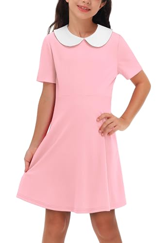 Remimi Girl's Peter Pan Collar Dress Short Sleeve Casual Flare Skater Dresses 5-14 Years