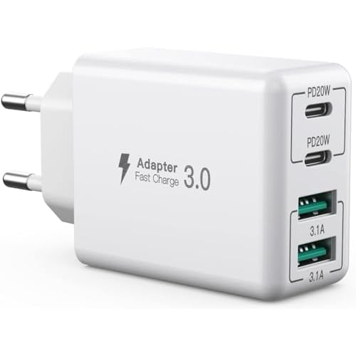 Cargador USB C, 40 W 4 Puertos Bloque de Carga rápida, Bloque de Carga Dual PD+QC, Conector de Pared multipuerto Tipo C Compatible con iPhone 14/13/12/11/Pro Max/XS/XR/8/7/teléfono Samsung, Tablet