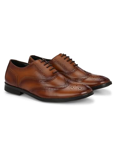 Image of Men Tan Leather Brouge Wingtip Oxford Shoes
