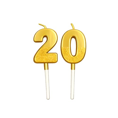 Image of Birthday Number Candles 20 for Kids Cake Topper Decoration Sparkle Gold Metallic Drip-Resistant Candles for Wedding Anniversary Graduation Retirement Twentyth Year Celebration Size 5 x 3.5 cm