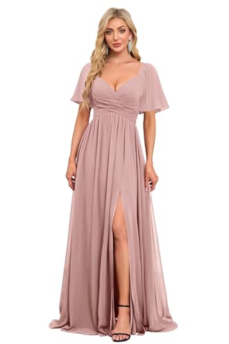 Image of Women's Flutter Sleeves Chiffon Bridesmaid Dresses with Slit Long A Line V-Neck Formal Party Dress with Pockets