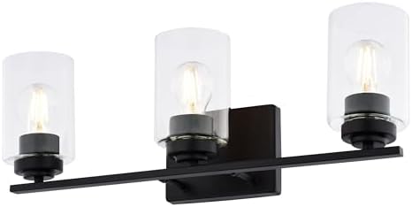 VAXCEL Park Ridge 3-Light 22 in. Wide Matte Black Transitional Bathroom Vanity Lighting Fixture, Clear Glass Shade, Dimmable, LED Compatible, Over The Mirror Mounted Steel Wall Sconce