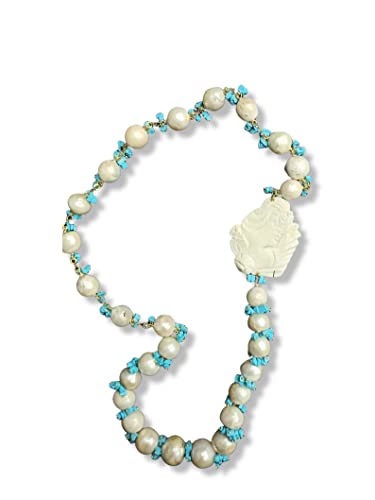 Perle Scaramazze Collana Artigianale con Perle Scaramazze, Chips di Turchese e Cammeo Conchiglia