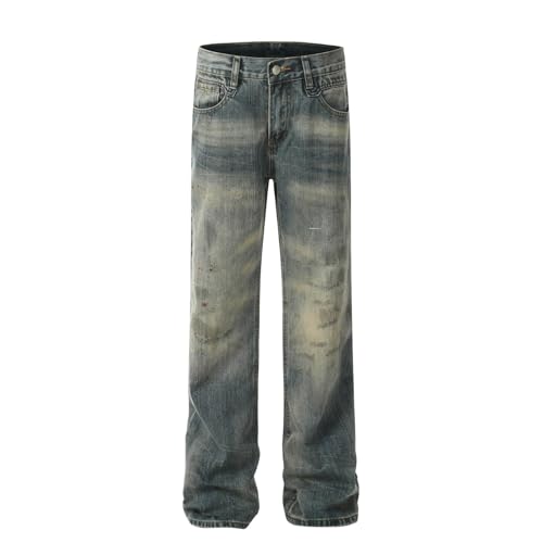 Jeans Pants Trousers Denim Retro Street Trendy Wear Tear Hole White Washed Blue Commuter Straight Leg for Men
