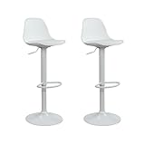 Vaukura Juego de 2 Taburetes de Bar Regulables en Altura con pistón de Gas | Taburete de Cocina con Asiento Acolchado de Polipropileno Blanco | Base metálica lacada Blanco Mate con reposapiés