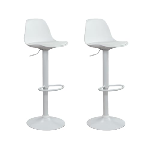 Vaukura Juego de 2 Taburetes de Bar Regulables en Altura con pistón de Gas | Taburete de Cocina con Asiento Acolchado de Polipropileno Blanco | Base metálica lacada Blanco Mate con reposapiés