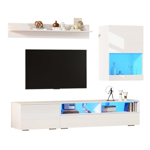 KSFASHZ Juego de muebles de TV de 3 piezas: tablero de TV, armario de pared y estantería de pared – Juego de muebles de salón con LED y alto brillo I colgante o de pie