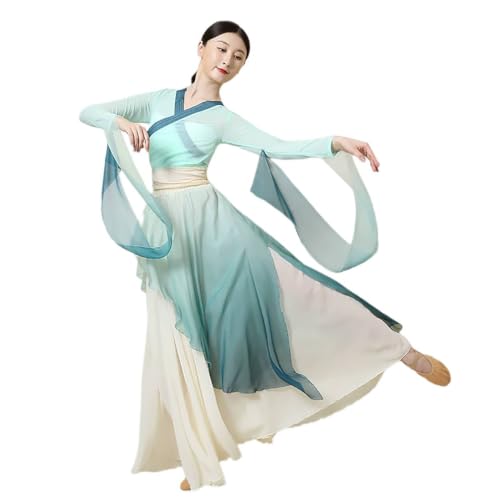 ONUYGCFH Gradient Chiffon Chinese Classical Dance Costume for Women Long Sleeve Ribbon Top Double Layer Split Maxi Skirt,Blue,M