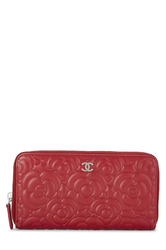Pre-Loved Red Embossed Camellia Leather Zip Around Wallet, Red