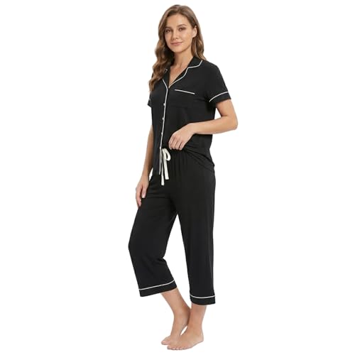 Image of Joyaria Bamboo Viscose Cooling Pajamas for Women Capri Button Front Pjs Set | Ideal for Night Sweats, Hot Sleeper Friendly, Breathable & Moisture Wicking, Short Sleeve Top