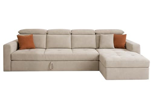 Image of Casaliving Gagnon RHS 6 Seater L Shape Corner Sofa Cum Bed for Living Room (Cream Fabric) Premium Fabric Sofa