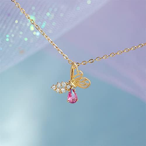 pitkalle Butterfly Necklace 14K Gold Plated Pendant Necklace Pink Cubic Zirconia Chain Necklace Trendy Daughter Necklace Valentine's Day Gift Wedding Party for Women Girls