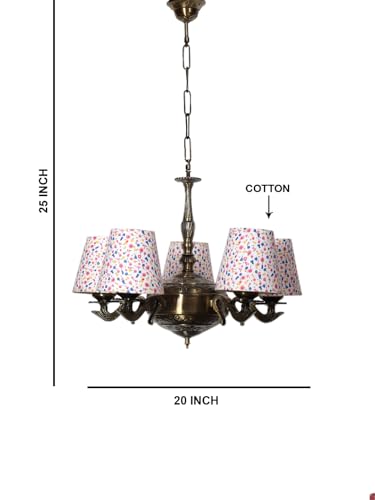 Image of Devansh 05 Lights Printed conical Cotton Shade with Antique Golden Chandelier -C