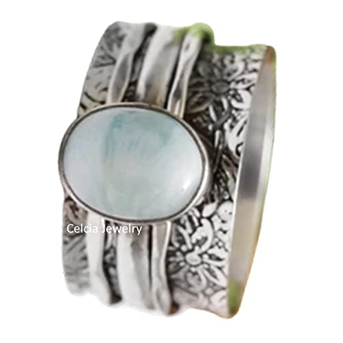 Bague en argent 925 martelé avec larimar véritable et fleur
