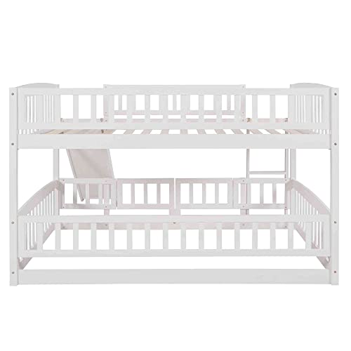 Cotoala Full Over Full Low Bunk Bed With Convertible Slide And Ladder For Kids, Bedroom, Wooden Bedframe W/Fence, Save Space, No Need Spring Box, White #TOP5
