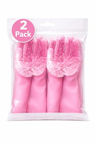 Image of Silicone Dishwashing Gloves with Built-In Scrubber | Reusable Cleaning Gloves for Kitchen & Household Use | Heat Resistant Hand Gloves for Washing Dishes & Plate Cleaning (Pink Pack of 2)