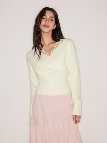 CIDER Wrap Sweater for Women V Neck Long Sleeve Knit Top Solid Lace Trim Pullover Oversized Sweaters2