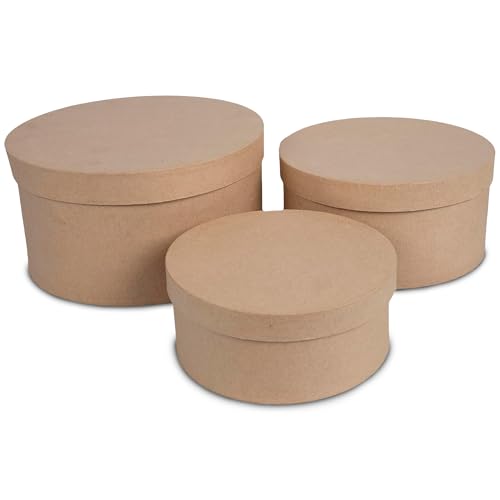 Short & Round Paper Mache Boxes with Lids (Set of 3) - Brown Kraft Paper Nesting Gift Boxes - Nesting Round Gift Boxes with Lids for Custom Decoration - Durable Paper Mache Box for Versatile Storage