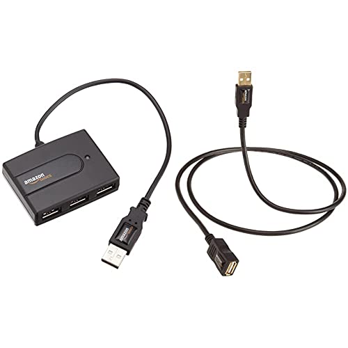 Amazon Basics USB 2.0 Extension Cable - A-Male to A-Female Adapter Cord - 9.8 Feet (3 Meters), Black & 4-Port USB to USB 2.0 Ultra-Mini Hub Adapter