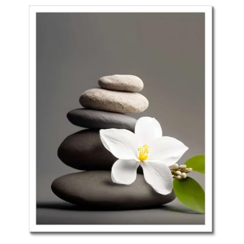 Poster fleur blanche pierres SPA cadre noir decoration murale