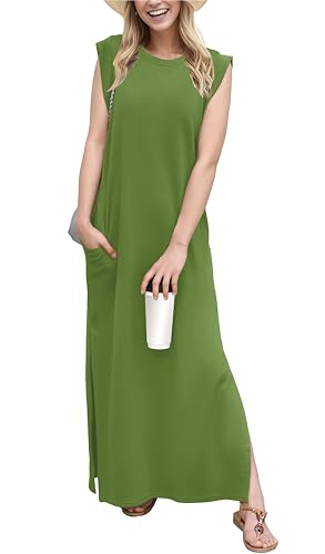 GRECERELLE Damen Sommer Maxikleid lässig Hemdkleider Elegante Stile ärmellos Maxikleider für Damen mit Schlitz und Taschen (Dillgrün,XXL)