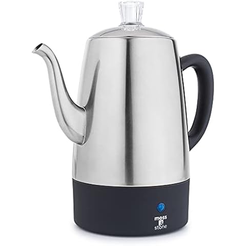 Moss & Stone Electric Coffee Percolator | Camping Coffee Pot Silver Body with Stainless Steel Lids Coffee Maker | Percolator Electric Pot - 10 Cups Cover