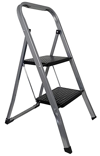 Klappleiter 2 Stufen 150kg Klappbar Leicht Schmal Klapptritt Klappleiter Trendyshop365, Silber-schwarz Cover