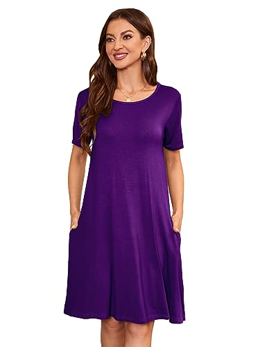 Image of Women's Summer Dresses 2026 Casual T Shirt Dress Short Sleeve Loose Flowy Sundress Swing Tunic Dress with Pockets Purple