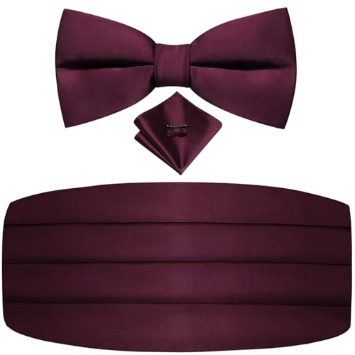 Image of Dubulle Mens Cummerbund and Bow Tie Set Paisley Floral Pretied Bowties for Men Pocket Square Cufflinks Wedding Business