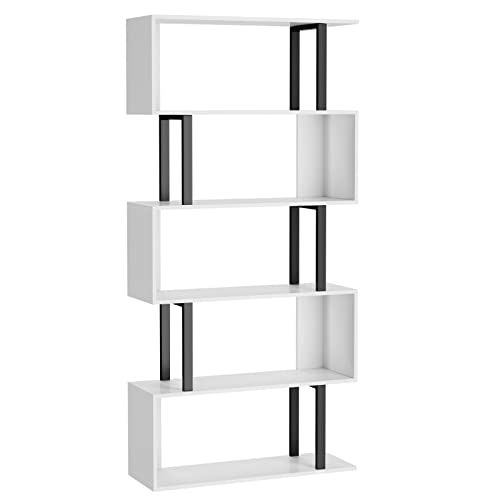 Gadroad 5 Tier Geometric Bookcase, Black And White Book Shelves, Modern Corner Bookcase Storage Shelf Wood For Living Room Home Office (White, 5 Tier) #TOP7