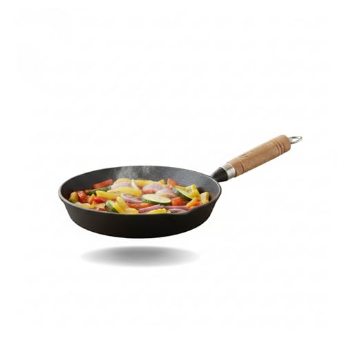 TRILONIUM Pre-Seasoned Cast Iron Sleek WHS8 Skillet | Fry Pan 20 cms, 1.2 Kgs, Sturdy Wooden Handle Induction Compatible