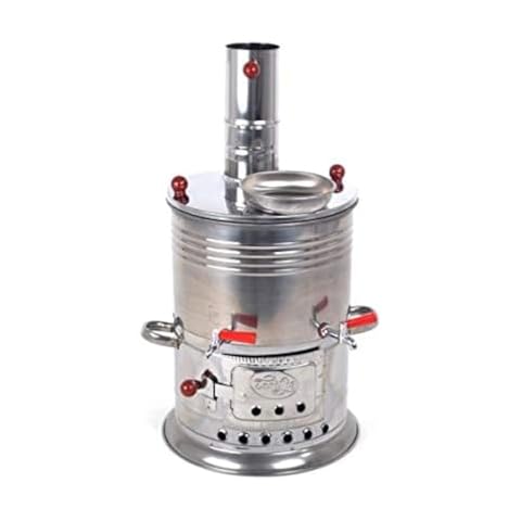 Samovar Tea Kettle, Turkish Semaver Charcoal and Wood Water Heater Boiler, for Camping, Picnic, Hunting, Hiking, Yachting. DOUBLE TAP Cover