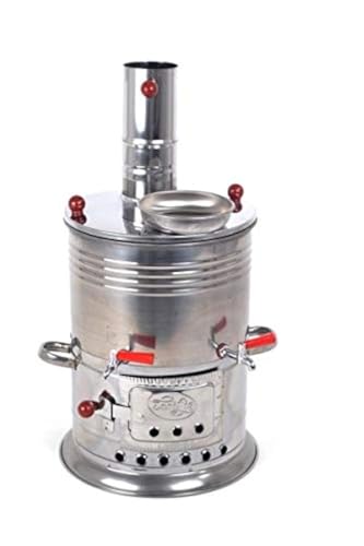 Samovar Tea Kettle, Turkish Semaver Charcoal and Wood Water Heater Boiler, for Camping, Picnic, Hunting, Hiking, Yachting. DOUBLE TAP