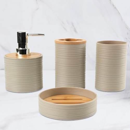 Evita el desorden en el lavabo con este set de baño beige de 4 piezas y fácil limpieza 6