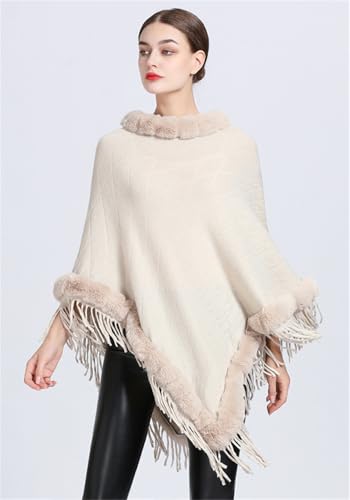 Women's Retro Knitted Shawl Wraps Trendy Tassel Pullover Poncho Cape Faux Fur Trim Sweater Coat Oversized Cloak2