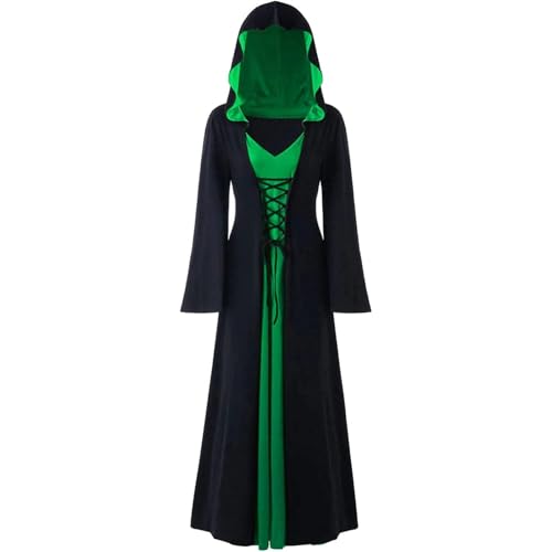 Image of FSUJWOA Halloween Vintage Witch Dress, Witch Hooded Dress Costume, Women's Renaissance Medieval Costume (Black and Green, 5XL)