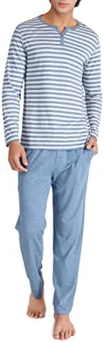 DAVID ARCHY Men's Cotton Pajamas Set Lightweight Long Sleeve Heather Striped Sleepwear Top & Bottom (Blue,L)