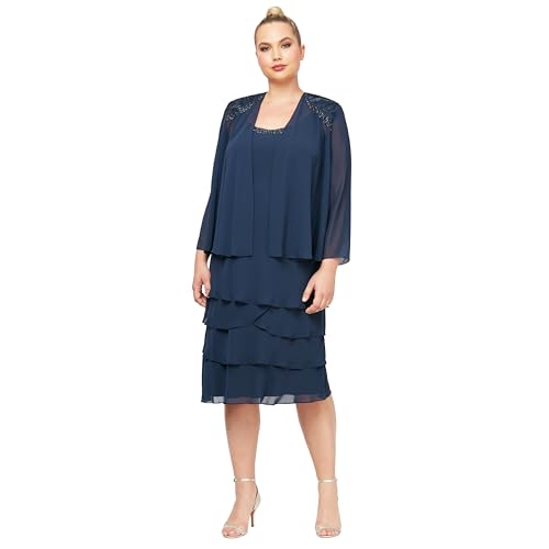 Image of S.L. Fashions Women's Mother of The Bride Tiered Jacket Dress with Shoulder Embellishment