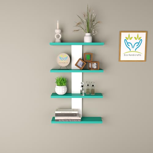 Image of Wooden Wall Mounted Floating Rack Shelves Book Stand Display Hanging Shelf Living Room Bedroom Storage Home Office for Decoration Showcase (Cyan White)