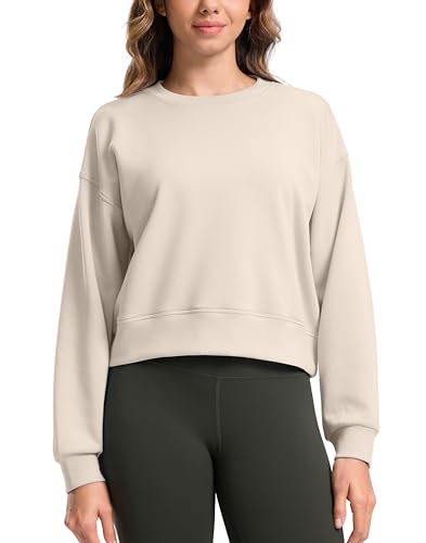 SANTINY Fleece Cropped Sweatshirts for Women Soft Crewneck Sweatshirt Pullover Long Sleeve Workout Crop Tops (Bone White_L)