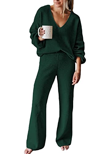 Image of Viottiset Women's 2 Piece Outfits Casual V Neck Knit Wide Leg Sweater Lounge Set Sweatsuit
