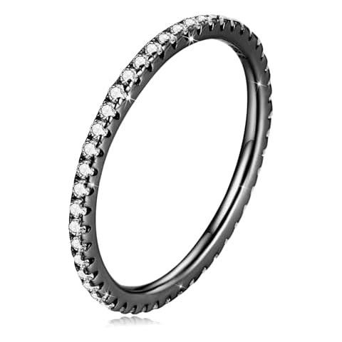 WOSTU 925 Sterling Silver Ring Eternity Cubic Zirconia Stackable Band Ring Tarnish Resistant Wedding Band for Women Men Multi Colors Statement Ring Comfort Fit Ring Gifts for 1.5mm Ring Size 10 Black Cover