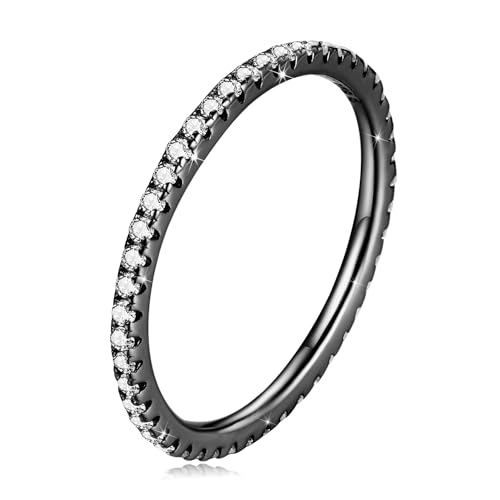 WOSTU 2MM Thin Band Eternity Rings 925 Sterling Silver Black Cubic Zirconia Egagement Rings Wedding Anniversary Stackable Rings Christmas Gifts for Her