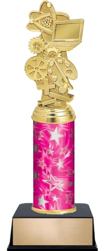 11" STEAM Variety Trophies - Custom Engraved Scholastic Pink and Silver Star Column Trophy Awards