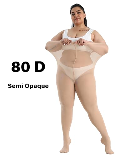 Image of CozyWow Plus Size Tights for Women 80D Soft Solid Color Semi Opaque Pantyhose High Waist 1X 2X 3X 4X