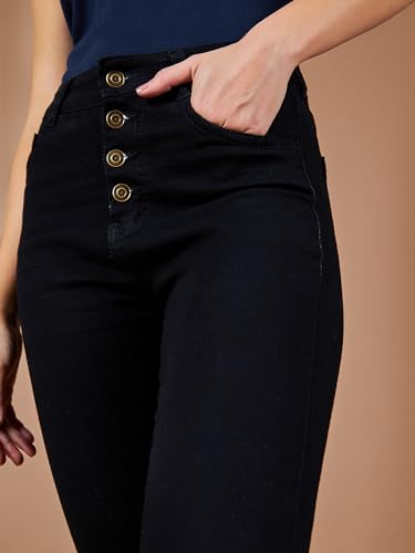 Image of Miss Chase Women's Skinny High Rise Cropped Fringed Hemline Detailing Stretchable Denim Jeans