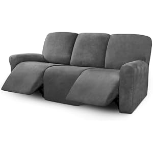 ULTICOR Velvet 8-Pieces Recliner Sofa Covers Stretch Reclining Couch Covers for 3 Cushion Reclining Sofa Slipcovers Furniture Covers Thick Soft Washable (3 Seater Recliner Cover, Dark Gray)