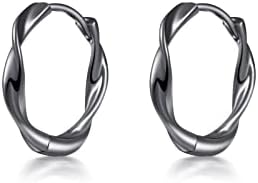 Immobird Black Hoop Earrings Personality Twisted Round Hoop Earrings for Men or Women 925 Sterling Silver 16mm