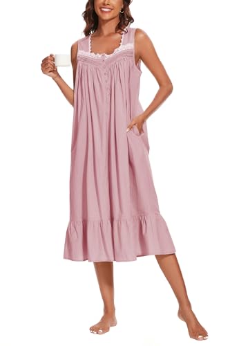 Image of AVIIER 100% Cotton Nightgowns for Women Sleeveless Sleep Dress Ladies Gowns Sleepwear with Pockets